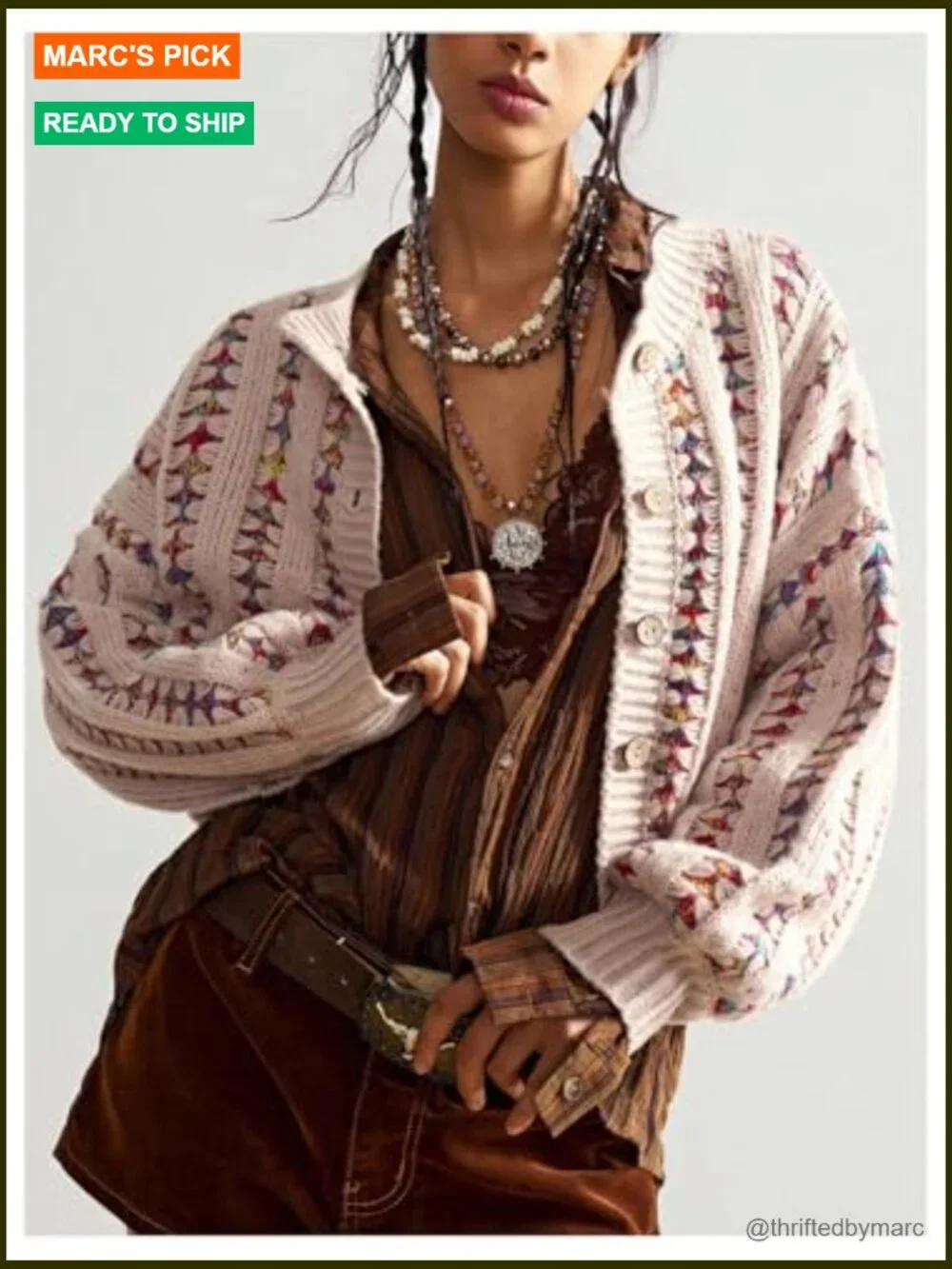 Cropped Boho Cardigan Long Sleeve Button Up Sweater Jacket - Picture 5 of 5